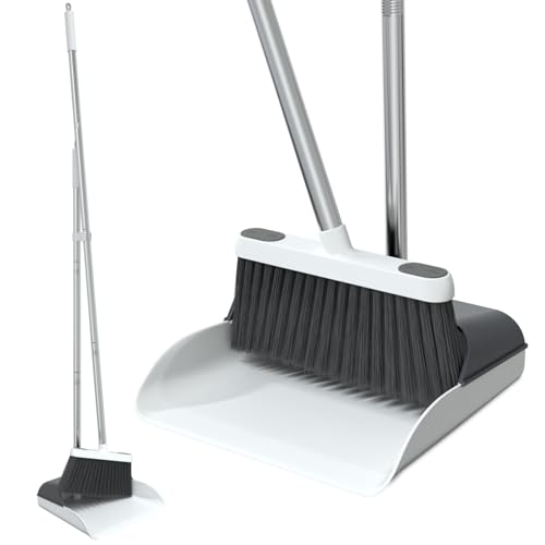 Stand Up Dustpan and Broom Set - 50" Ergonomic Long Handle Broom with Comb