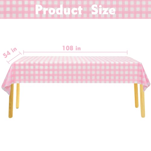 Pink Gingham Disposable Tablecloths 3-Pack - 54 x 108 Inch Checkered Party Cover