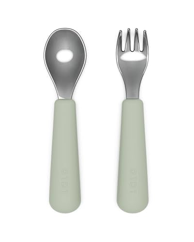 Toddler Fork and Spoon Set - Stainless Steel Ergonomic Flatware Sage