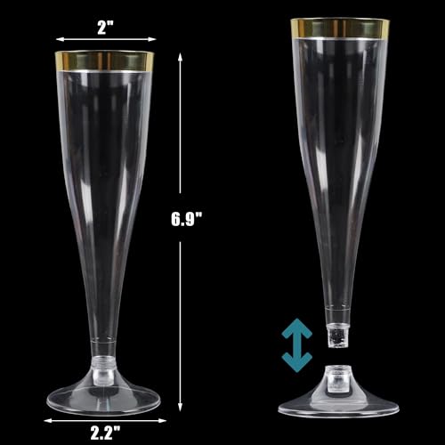 Small Disposable Champagne Flutes Set of 100 - Clear with Gold Rim, 4.5oz
