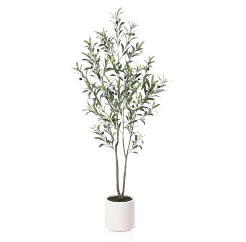 5 ft Artificial Olive Tree in White Planter - Faux Silk Plant for Home Decor