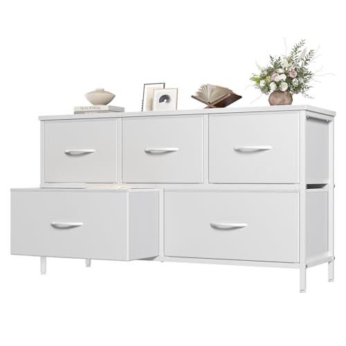 OLIXIS White 5-Drawer Dresser Chest with Wooden Top and Fabric Bins