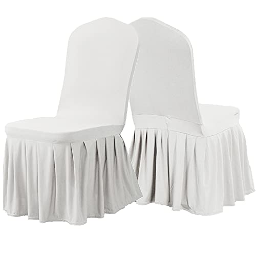 Stretch Dining Room Chair Covers Set of 2 - White Spandex Slipcovers with Skirt