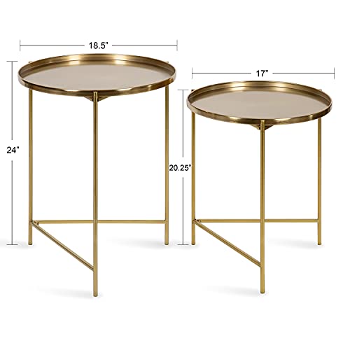 Modern Nesting Side Table Set of 2, Gold Metal Tray End Tables