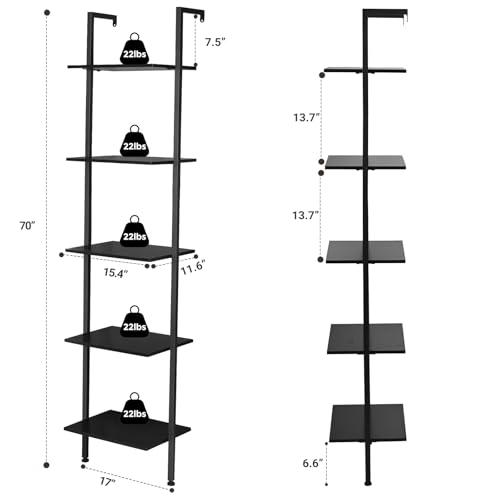 5-Tier Ladder Shelf, Wall Mounted Bookshelf with Metal Frame, Black