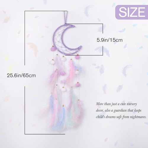 Purple Moon Dream Catcher for Kids Room Wall Decor with Feathers and Pompoms