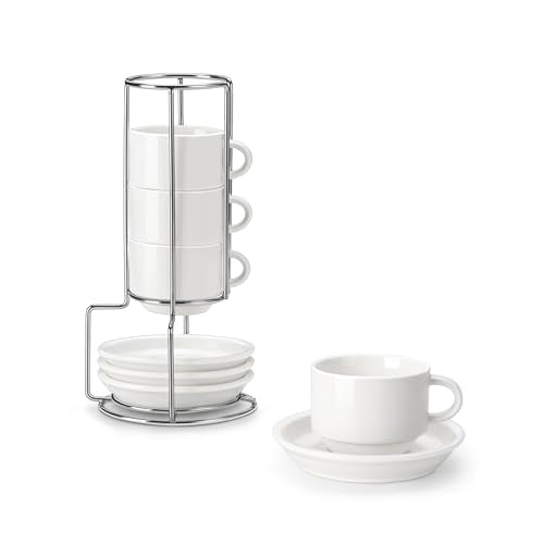 MALACASA Porcelain Espresso Cups Set of 4 - 2.5 Oz White Cappuccino Cups with Saucers & Metal Stand