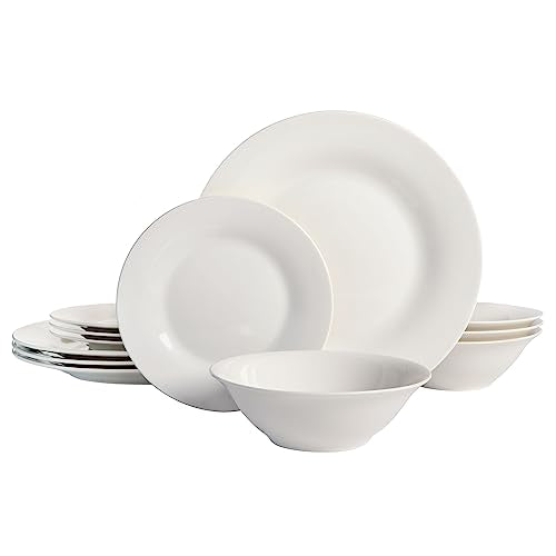 Gibson Home Zen Buffet Round 12 Piece Porcelain Chip and Scratch Resistant Dinnerware Plates and Bowls Set, Scratch & Chip Resistant