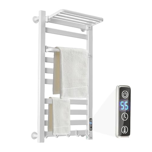 10-Bar Electric Heated Towel Rack with Shelf and LED Timer - Wall Mounted