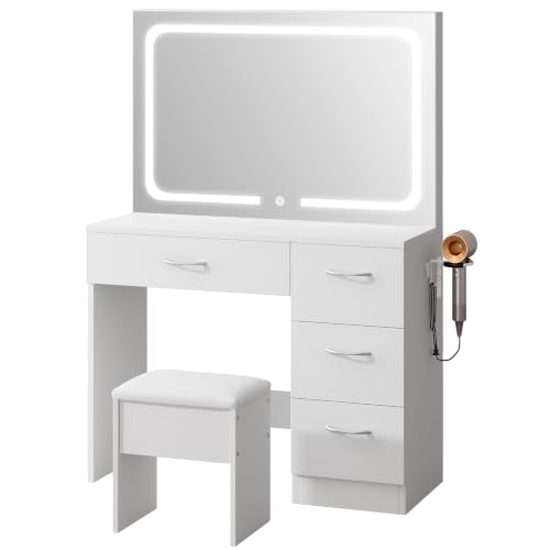 35.4" White Vanity Desk Set with LED Mirror, Charging Station & Stool