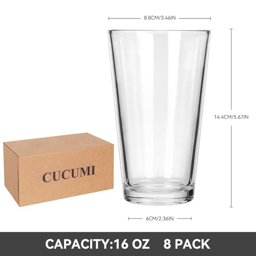 16oz Beer Pint Glasses Set of 8, Lead-Free Glassware for Pub and Home