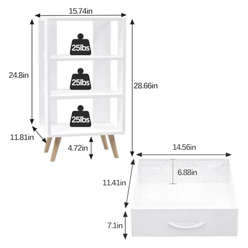 3-Tier Modern Nightstand with Fabric Drawers, White Wooden Side Table