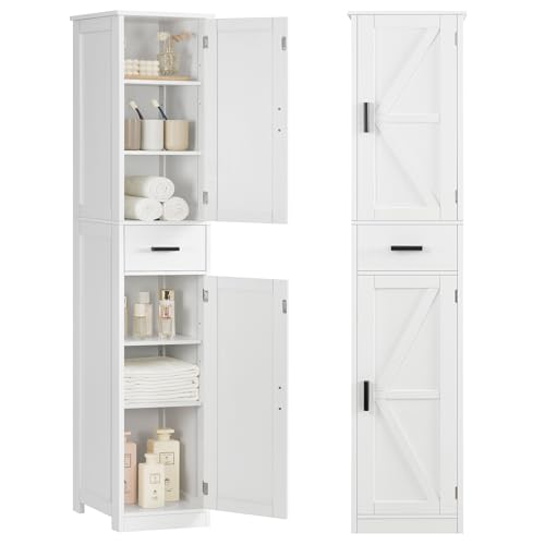 67-Inch Tall Narrow Bathroom Storage Cabinet with 6 Shelves and Drawer
