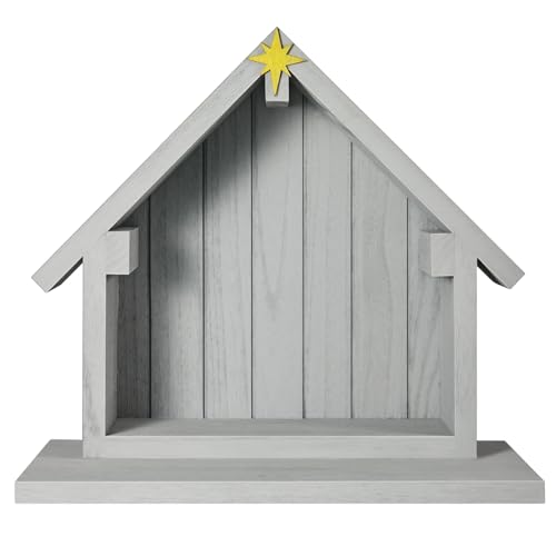 Gray Wooden Nativity Creche Scene - 13.5 x 12.5 Inch Christmas Stable Decor