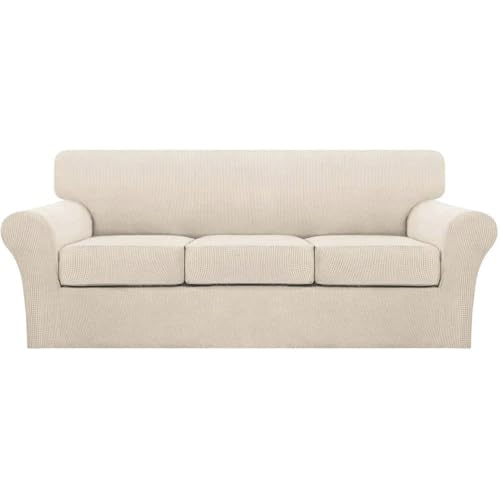 4-Piece Stretch Jacquard Sofa Cover for 3 Cushion Couch - Biscotti Beige