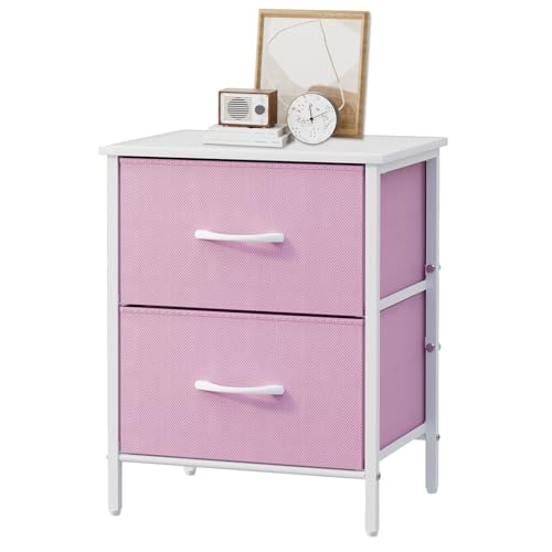 2-Drawer Pink Nightstand with Steel Frame and Wood Top