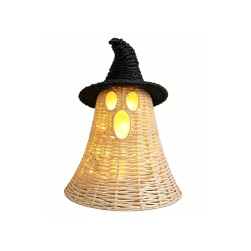 Handwoven Natural Rattan Ghost Table Decor with Black Witch Hat