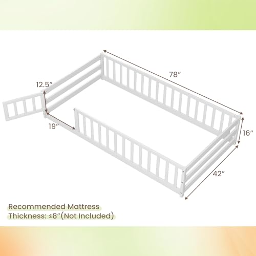 Twin Wooden Montessori Floor Bed Frame with Safety Guardrails & Door