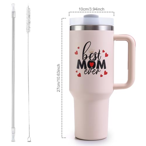 Best Mom Ever Tumbler 40oz with Handle, Lids & Straws - Gift for Mom
