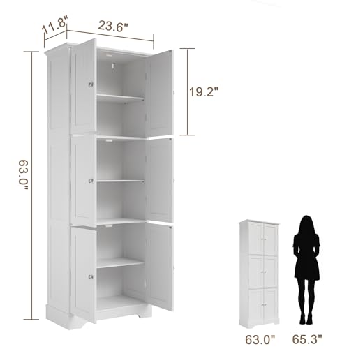Tall 63.2" Bathroom Storage Cabinet with 6 Doors & Adjustable Shelves