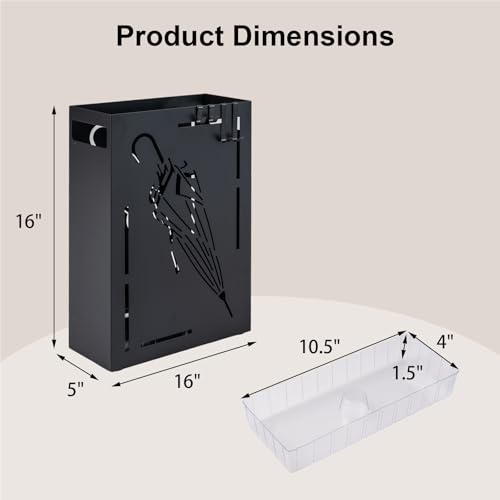 Metal Umbrella Stand with Drip Tray and 4 Hooks, Rectangular Entryway Holder