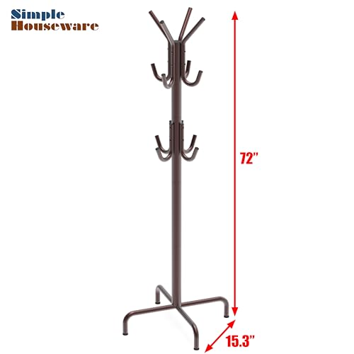 Standing Coat and Hat Rack, 12-Hook Metal Organizer, Bronze Finish