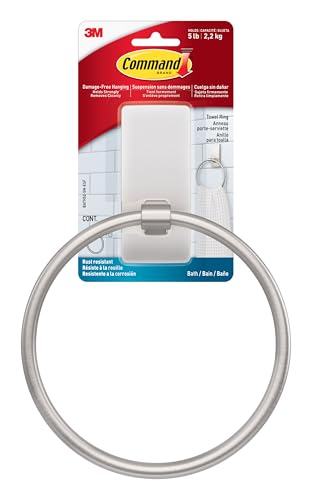 Command Satin Nickel Bathroom Hand Towel Ring with Adhesive Strips