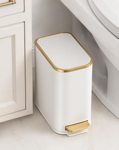 Small Bathroom Trash Can 1.3 Gallon White with Gold Lid and Pedal