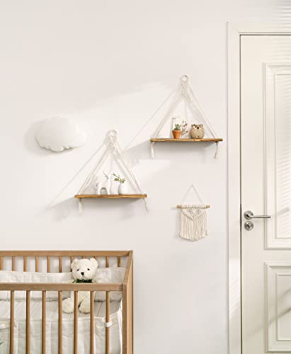 Boho Macrame Hanging Wall Shelves - Set of 2 Floating Wood Shelves