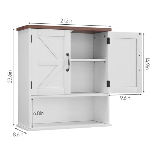 Small White Bathroom Wall Cabinet with Barn Doors - Farmhouse Style, Adjustable Shelf, Waterproof Storage