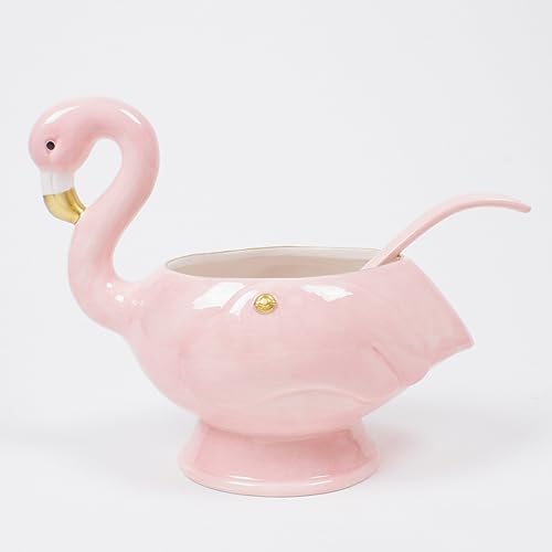 Ceramic Flamingo Punch Bowl with Ladle - 32 Ounce Decorative Serving Set