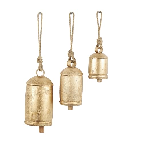 Rustic Gold Metal Cow Bells Set of 3 - Hanging Wall Decor with Jute Rope