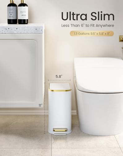 Small Bathroom Trash Can 1.3 Gallon White with Gold Lid and Pedal