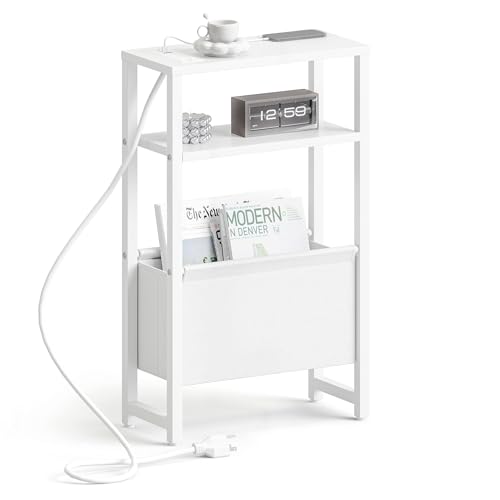 Narrow Side Table with Charging Station & Magazine Rack - 3-Tier Slim End Table