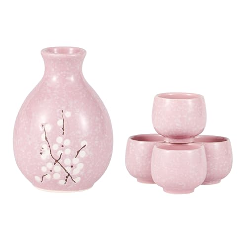 Hinomaru Collection Pink Plum Blossom Japanese Sake Set with 9oz Bottle & 4 Cups