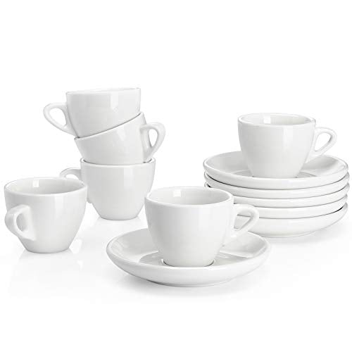 Sweese 2oz White Porcelain Espresso Cups & Saucers Set of 6 - Daily Coffee Ritual
