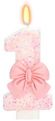 Pink Glitter Number 1 Birthday Candle with Bowknot - 3 Inch Cake Topper