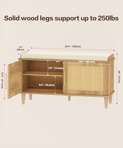 Rattan Shoe Storage Bench with Padded Cushion and Adjustable Shelves