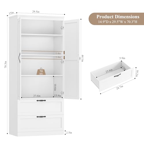 70-Inch Farmhouse Kitchen Pantry Cabinet with 2 Drawers and Shelves