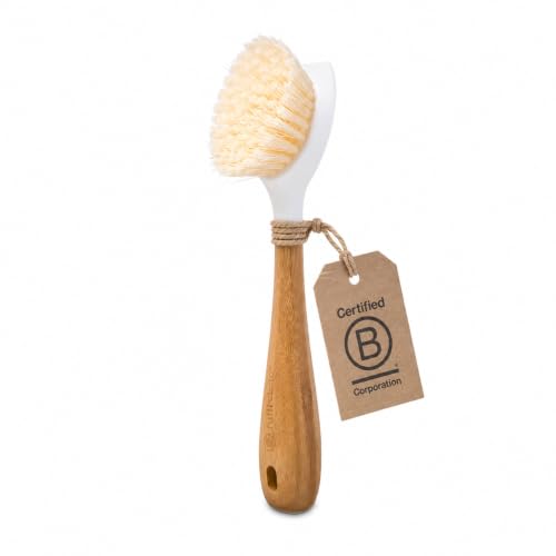 Bamboo Handle Dish Scrub Brush with Built-In Scraper for Pots & Pans