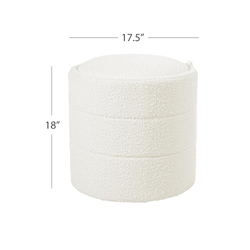 18-Inch Round Storage Ottoman – Cream Boucle Footstool with Lift-Off Lid
