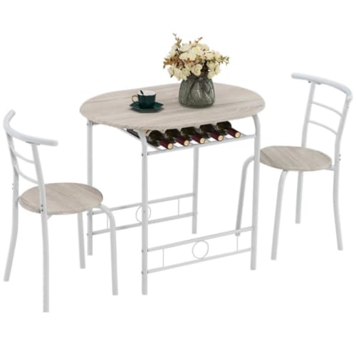 3-Piece Small Dining Table Set for 2 with Built-In Wine Rack, White & Light Oak