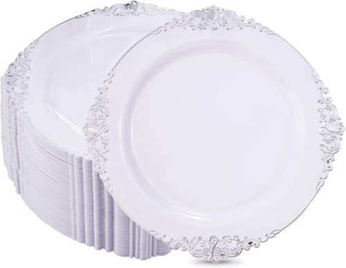 Hioasis 100 Pack White Silver Disposable Plastic Plates 10.25 Inch - Elegant Dinnerware for Parties & Events