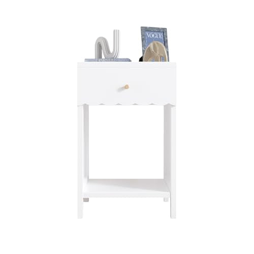 Modern Scalloped Nightstand with Drawer and Open Shelf, White Side Table