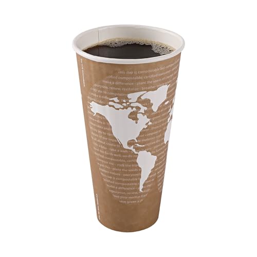 ECO PRODUCTS Compostable Disposable Insulated World Art 20oz Large Coffee Cups, Pack of 40, Renewable Double-wall Hot Paper Cup, Plant Based PLA Lining, No Sleeves Needed, Lid Available, Color Coded
