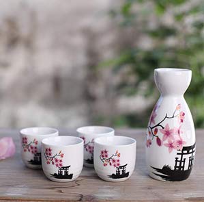 ABuff Japanese Sake Set with 1 Ceramic Tokkuri Bottle & 4 Ochoko Cups - Microwave & Dishwasher Safe