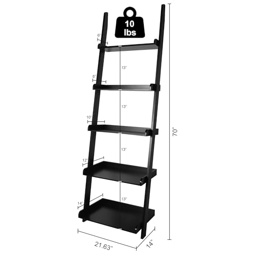 5-Tier Leaning Wall Ladder Bookshelf, 70-Inch Black Storage Organizer