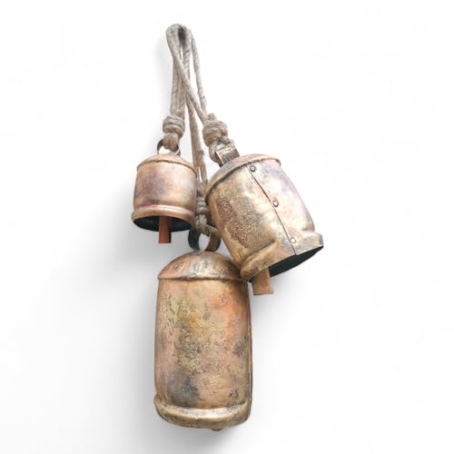 Set of 3 Large Metal Christmas Bells – Rustic Brass Gold Handcrafted Wall Hanging Cow Bells