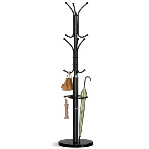 Freestanding Metal Coat Rack with Marble Base and 12 Hooks