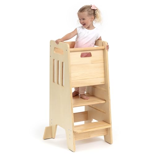 Adjustable Wooden Toddler Learning Tower with Safety Door & Non-Slip Steps